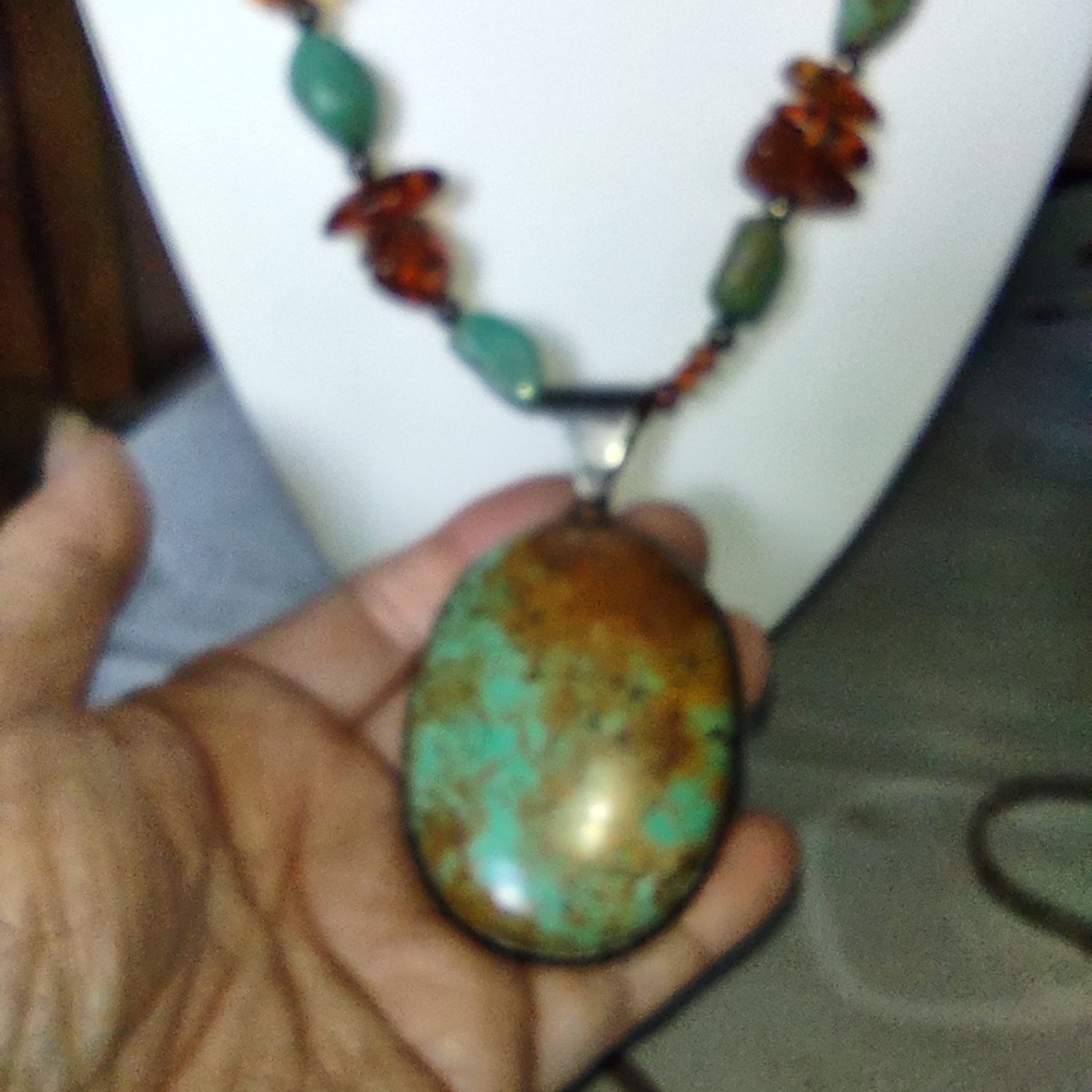 Enormous Turquoise and Amber Pendant Necklace - Statement Piece - Very Heavy